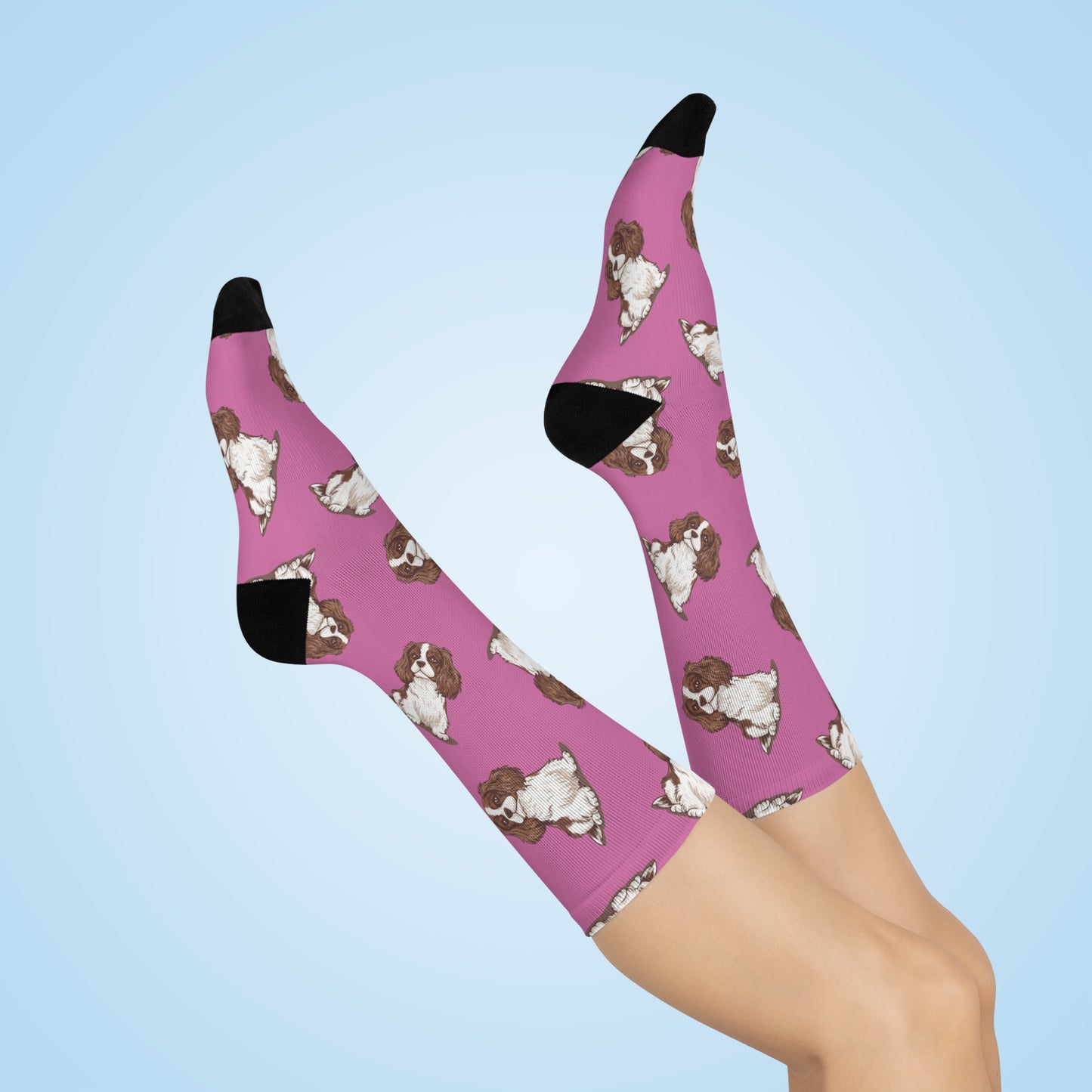 Blenheim Cavalier King Charles Spaniel Dog Pattern Pink Cushioned Crew Socks with Pet Dogs Cavalier Puppy Print