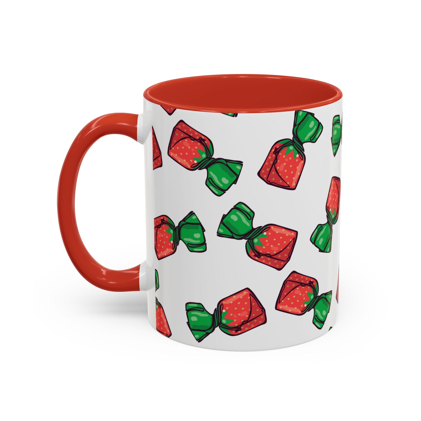 Strawberry Hard Candies Coffee Mug - Retro Nostalgic Pattern Strawberries Candy Print Tea Mugs with Red Accents