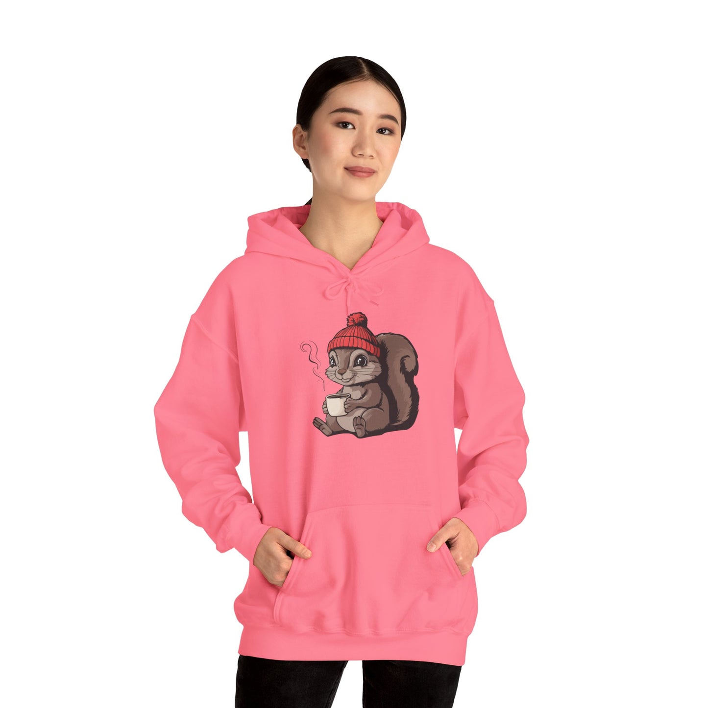 Cozy Squirrel  Pullover Hoodie Unisex Heavy Blend Hooded Sweatshirt with Squirrel in Beanie with Cup Of Coffee Graphic Print