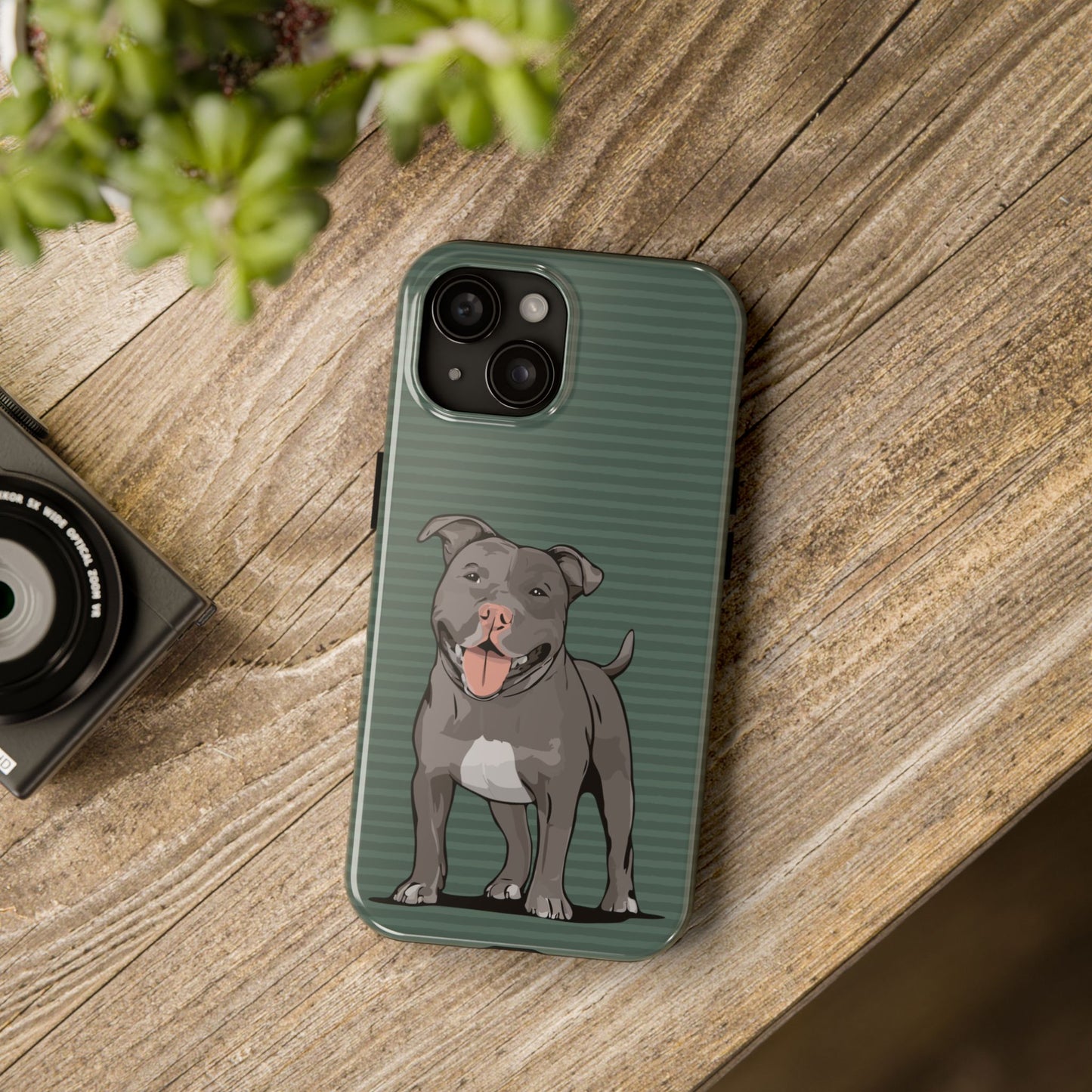 Gray Pit Bull Terrier Dog Phone Case, Tough Phone Cases Pet Pitbull Dogs Green Stripe Pattern
