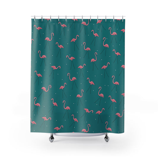 Pink Plastic Flamingos Teal Bathroom Shower Curtain - Lawn Flamingo Pattern