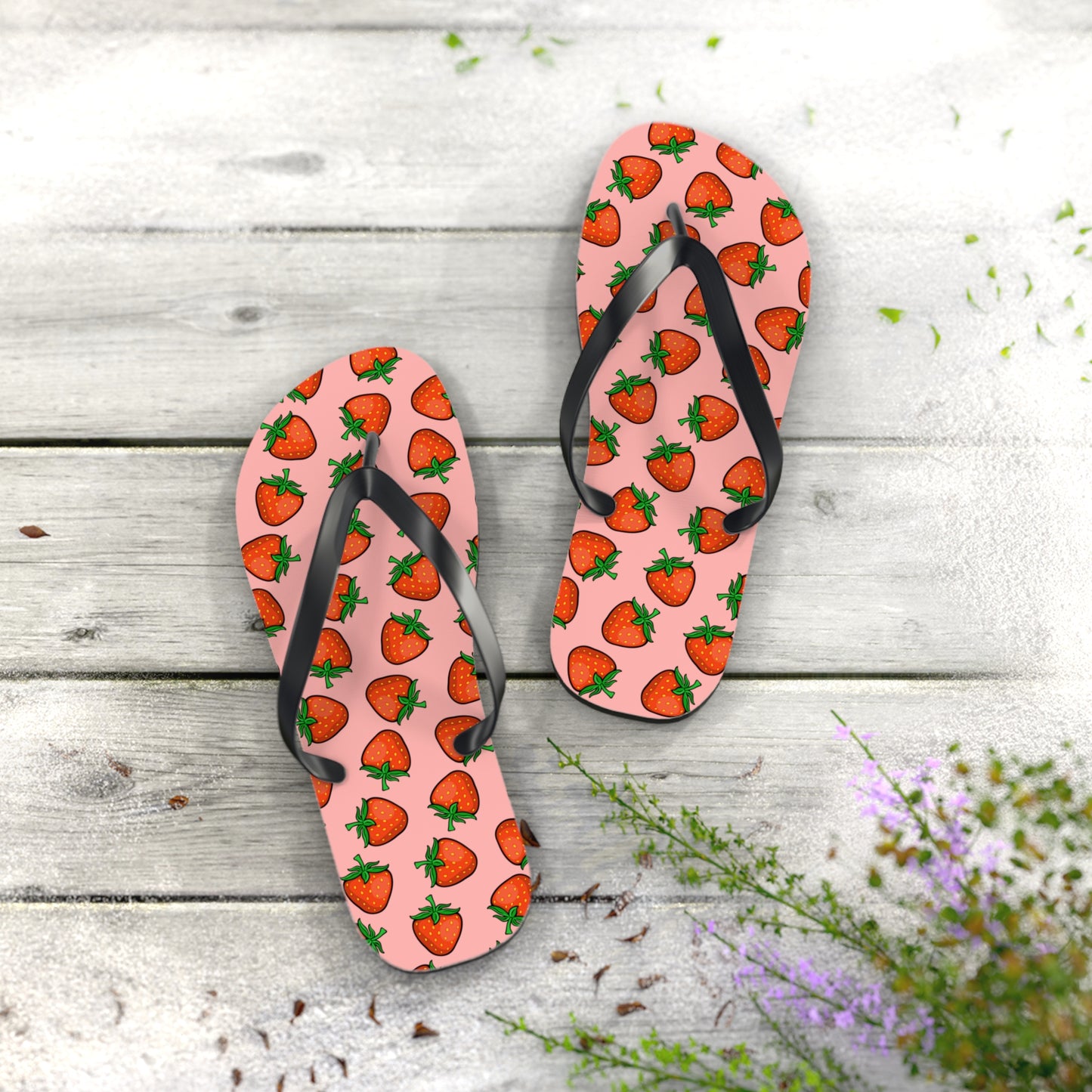 Strawberry Pattern Flip Flops | Pink Strawberries Fruit Summer Beach Sandals, Women's Beach Pool Footwear