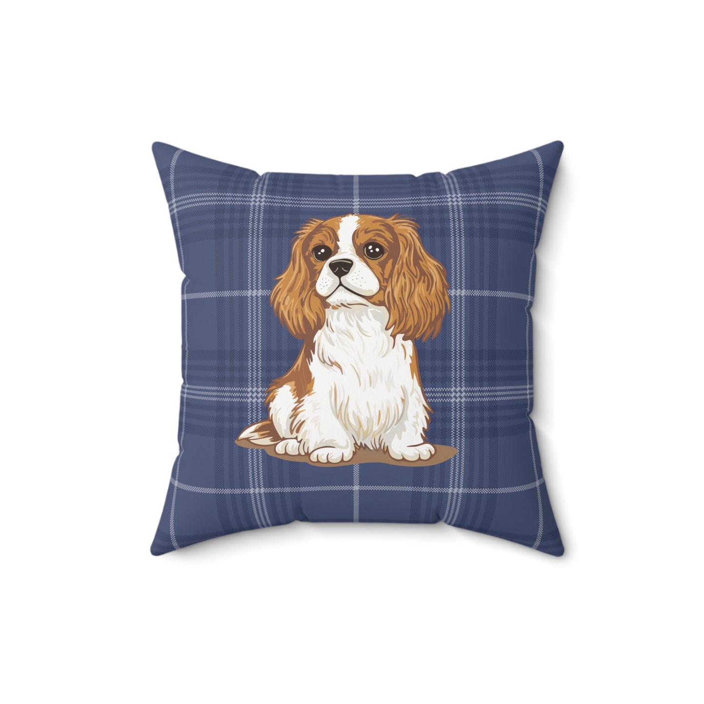 Cavalier King Charles Spaniel Dogs Square Throw Pillow, Pet Owner Home Decor, Blue Plaid Pillows, Dog Memorial Gifts