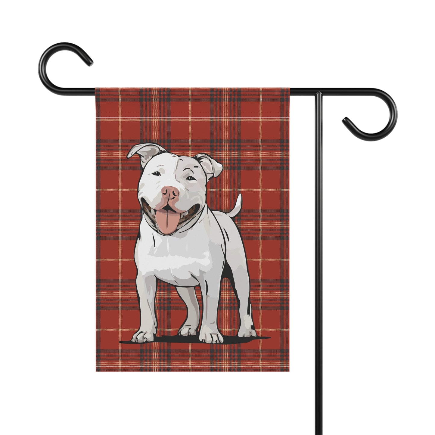 White Pit Bull Terrier Dog Red Plaid Outdoor Garden Banner Flag, Pitbull Christmas Holiday Yard Decorations