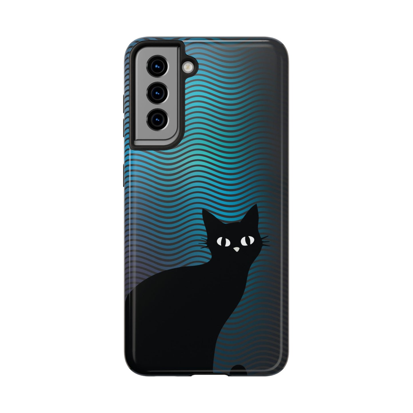 Black Cat Cell Phone Case | Peeking Kitty Graphic on Wavy Teal Background