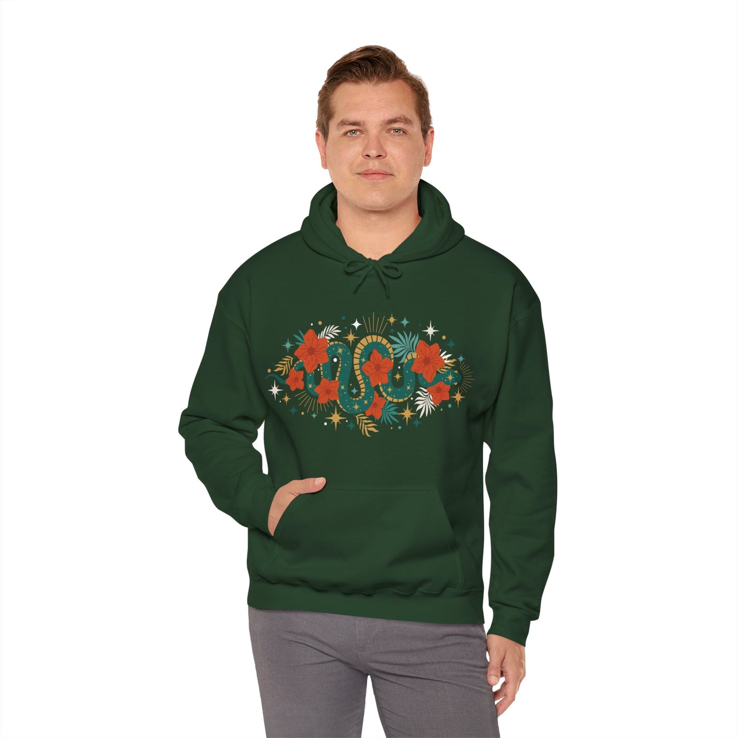 Mystic Jade Snake & Flower Unisex Hoodie, Boho Pullover Hooded Sweatshirt, Bohemian Witchy Snake Print Hoodies