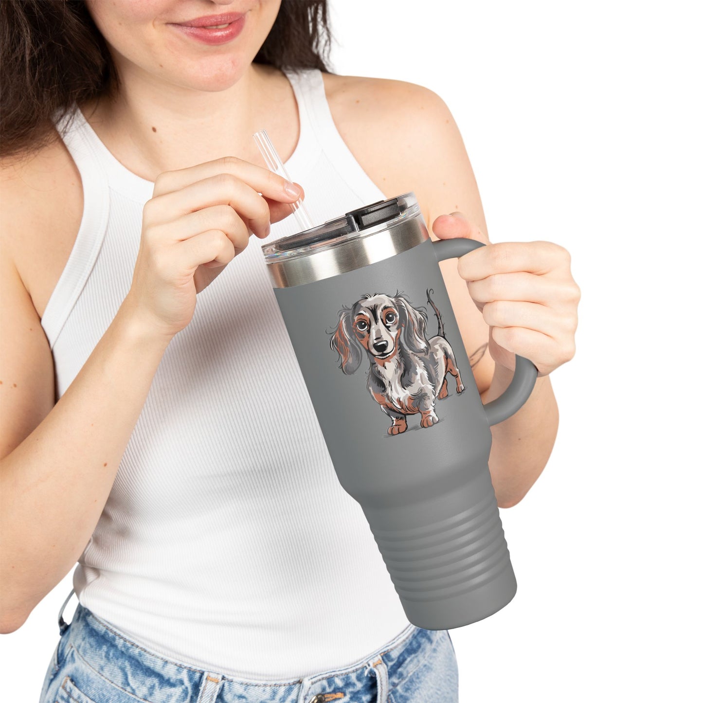 Long Haired Dachshund Dogs Illustration 40oz Travel Mug | Insulated Tumbler Water Bottle with Cute Wiener Dog Artwork
