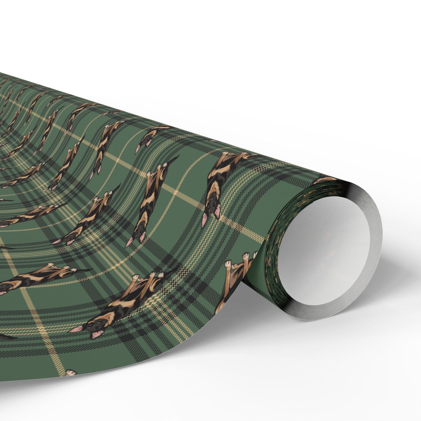 German Shepherd Dog Wrapping Paper, Green Plaid Dogs Print Gift Wrap Roll, Christmas Holiday Birthday Matte Wrapping Papers