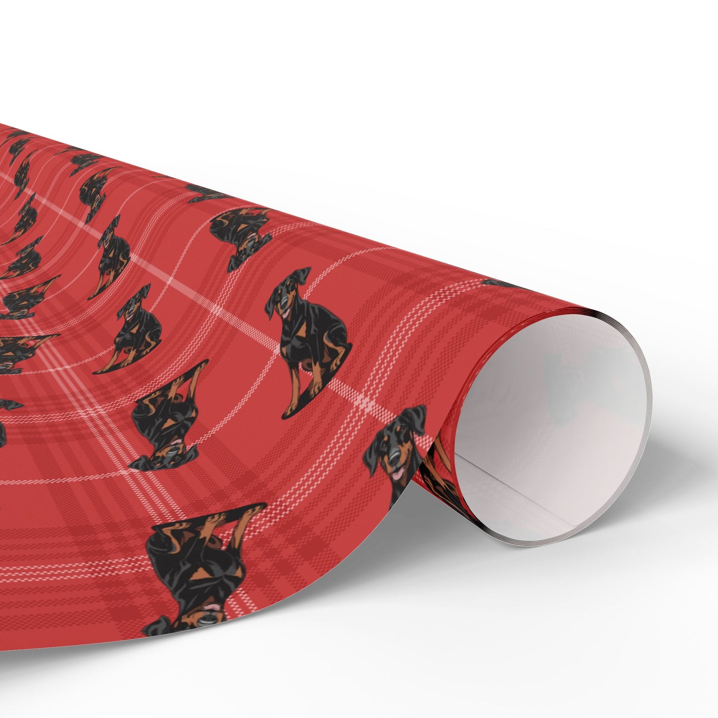 Doberman Pinscher Dog Pattern Wrapping Paper, Red Plaid Holiday Gift Wrap Roll, Birthday Anniversary Xmas Gifts, Matte Finish