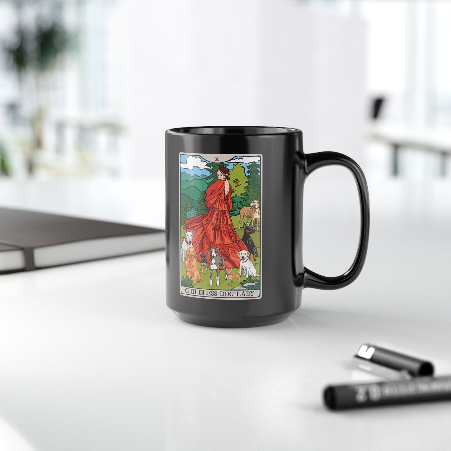 Black Mug - Childless Dog Lady Tarot Card Ceramic Coffee Cup, 15oz - Dog Lover Gift, Woman with Dogs Mugs, Tarot Card Reader Gifts
