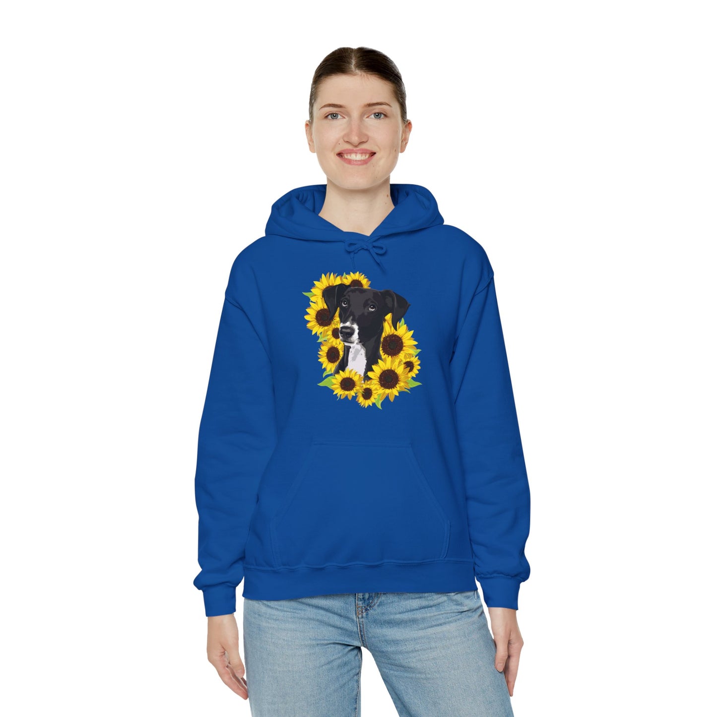 Marley Dog in Sunflowers Pullover Hoodie Hooded Sweatshirt with Black Lab Dog with Sunflower Art Print