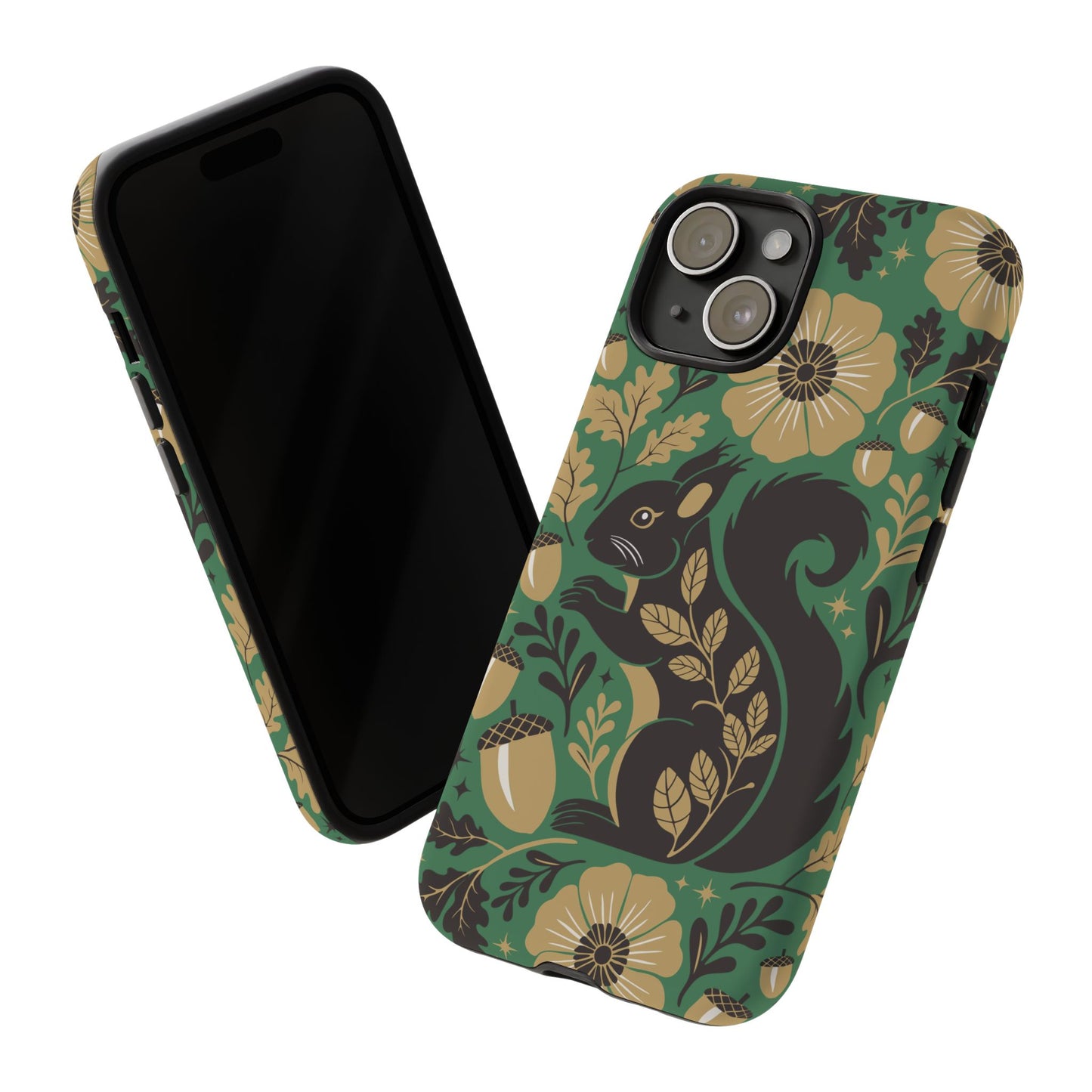 Green Squirrel Floral Pattern Cell Phone Case | Botanical Folk Art Acorn Leaves Design, Iphone Google Pixel Samsung Cases Matte Finish