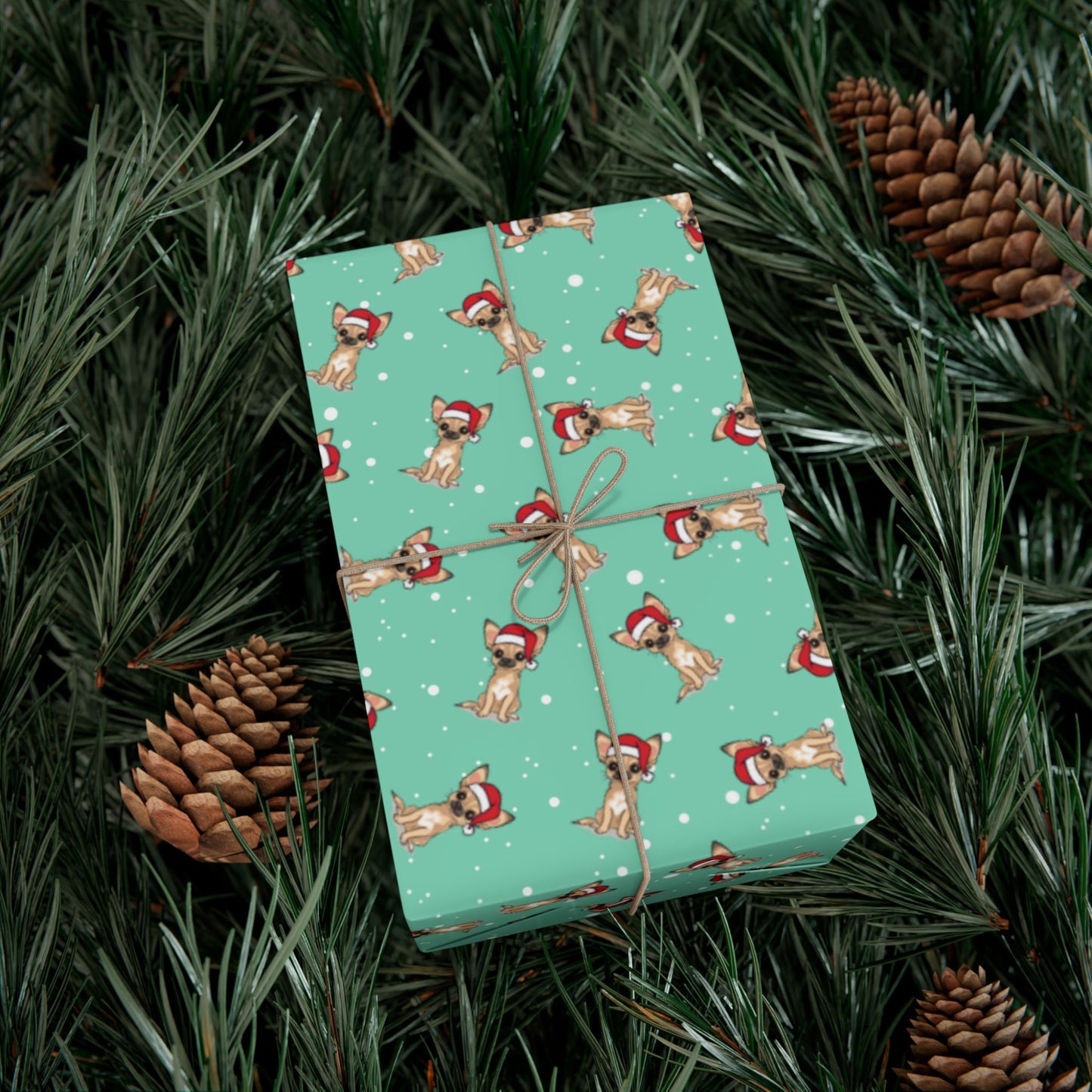 Chihuahua Dog Christmas Wrapping Paper, Puppy Dogs Print, Cheery Mint Green Holiday Gift Wrap With Snowy Xmas Puppies In Santa Hat