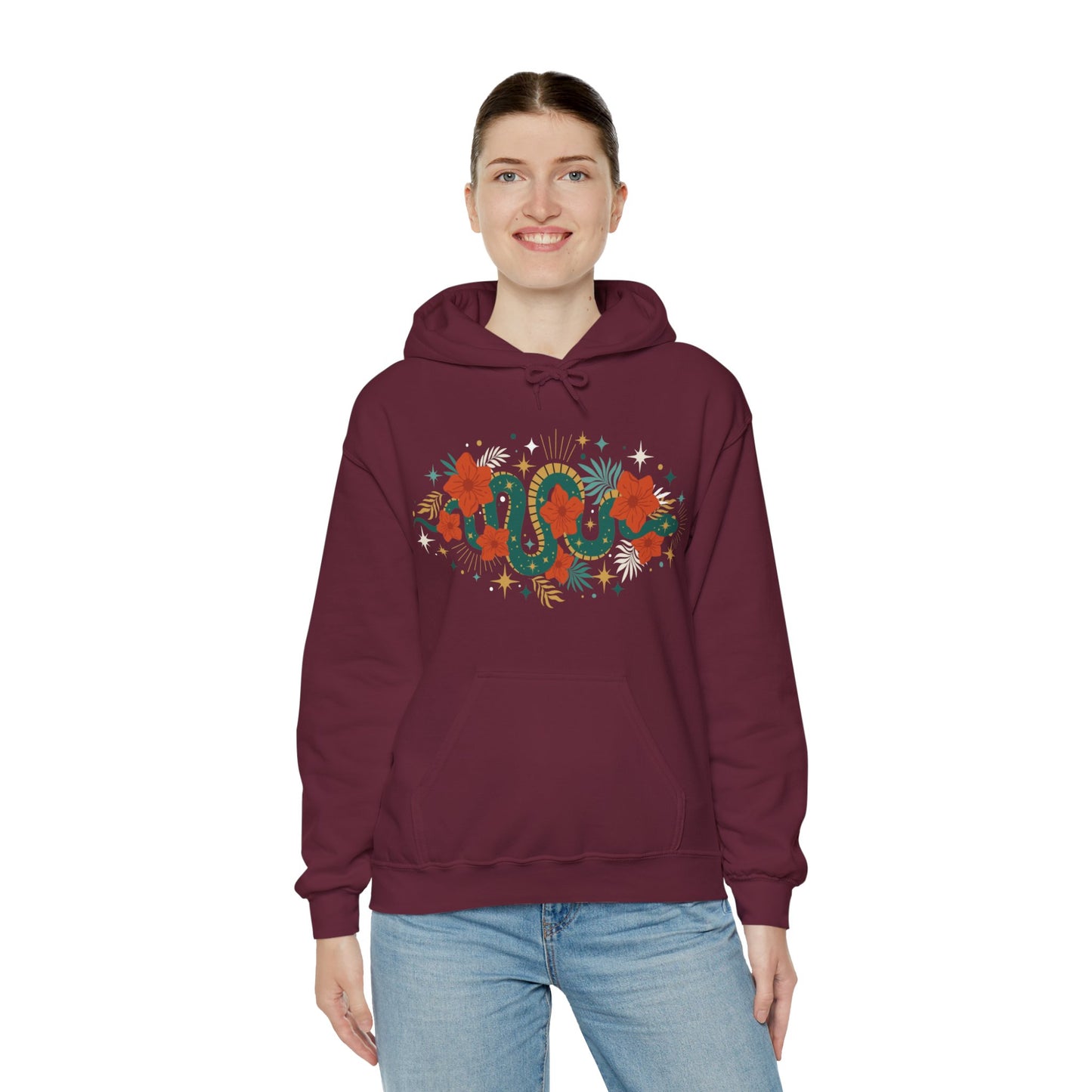 Mystic Jade Snake & Flower Unisex Hoodie, Boho Pullover Hooded Sweatshirt, Bohemian Witchy Snake Print Hoodies