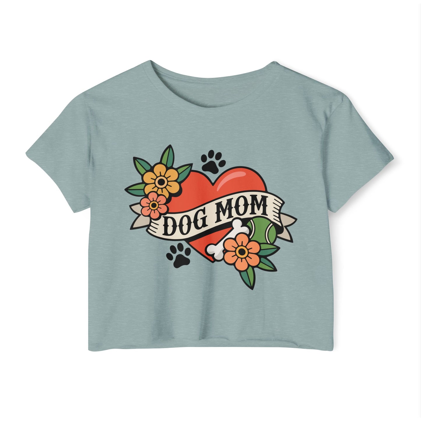 Dog Mom Heart Tattoo Crop Top | Retro Artwork Cropped T-shirt Floral Dogs Paw Print Design, Childless Dog Lady Pet Owner Tattoos Tee