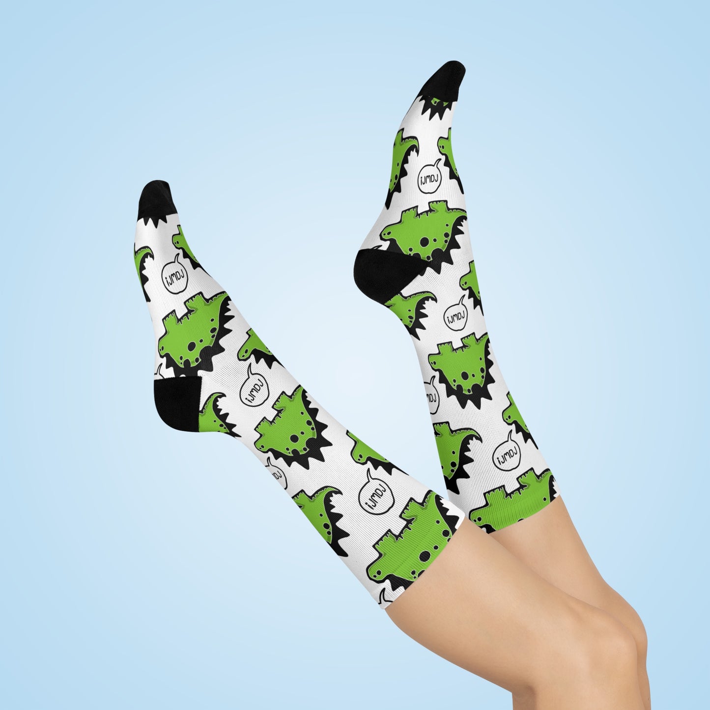 Rawr! Dino Dinosaur Pattern Cushioned Crew Socks One Size Unisex Mens Womens Funny Dinosuar White & Green Socks