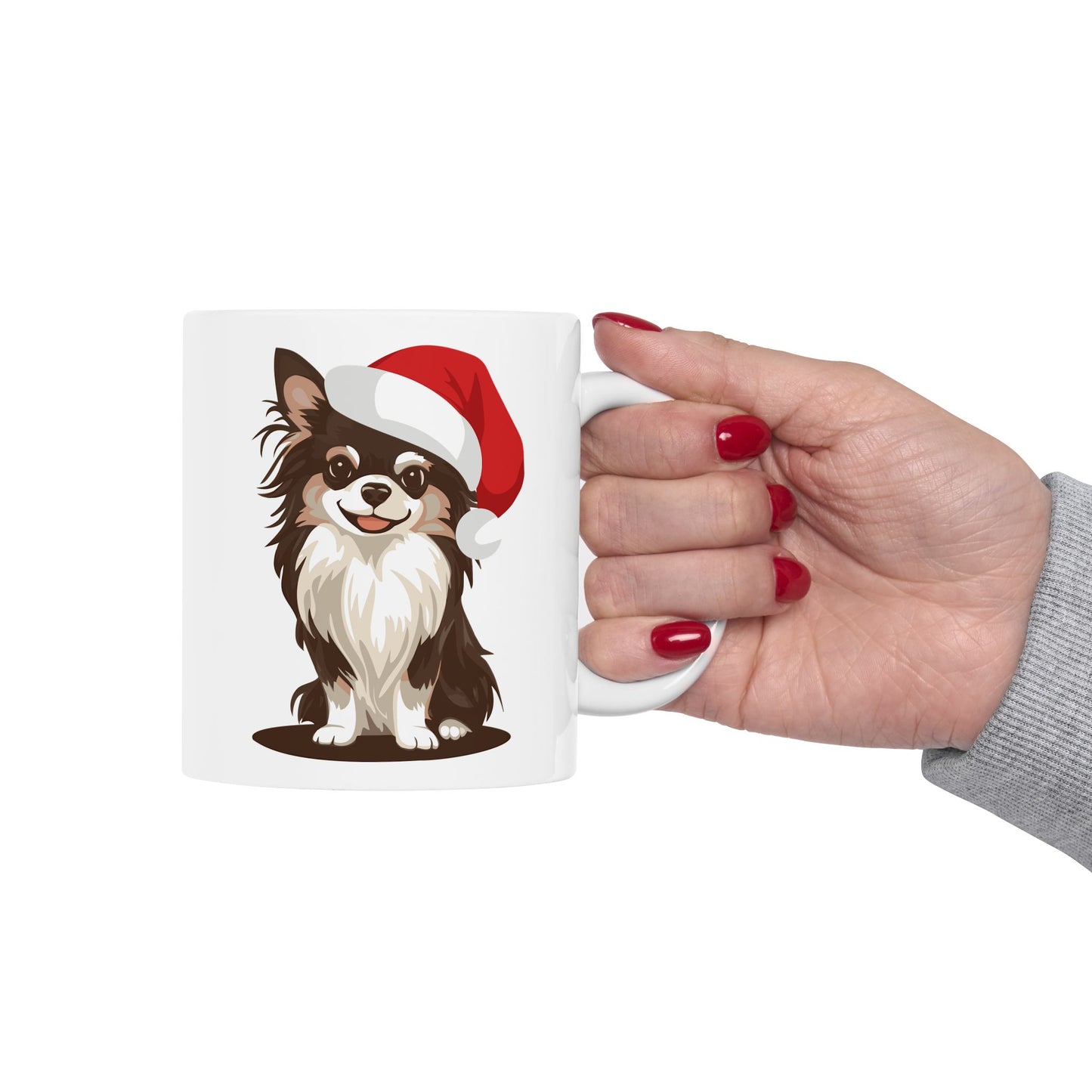 Christmas Long Haired Chihuahua Dog Ceramic Mug, Holiday Xmas Santa Dogs Coffee Mug, Cute Snowy Winter Puppy Tea Hot Chocolate Mug