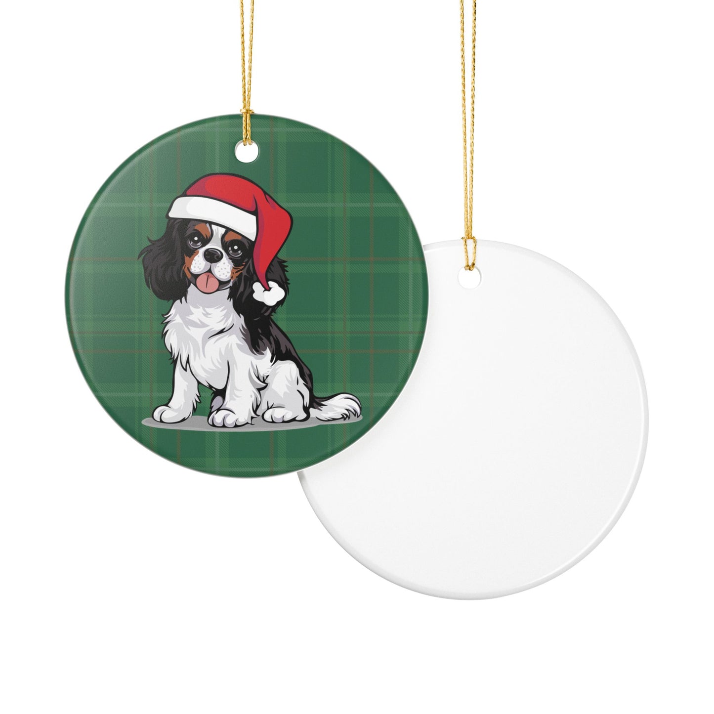Cavalier King Charles Spaniel Dog Christmas Tree Ornament, Santa Dogs Holiday Decorations, Pet Lover Gift, Green Plaid Ceramic Ornaments