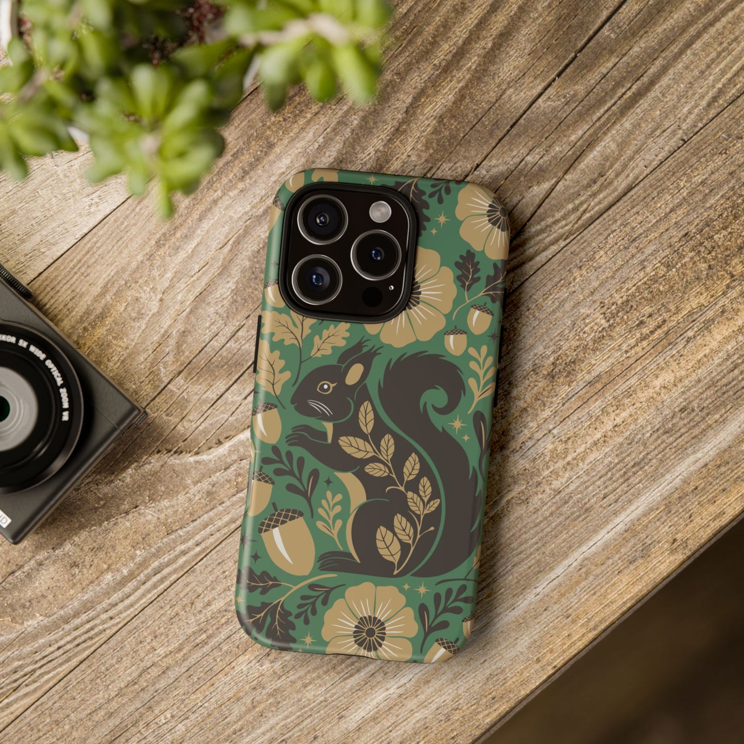 Green Squirrel Floral Pattern Cell Phone Case | Botanical Folk Art Acorn Leaves Design, Iphone Google Pixel Samsung Cases Matte Finish