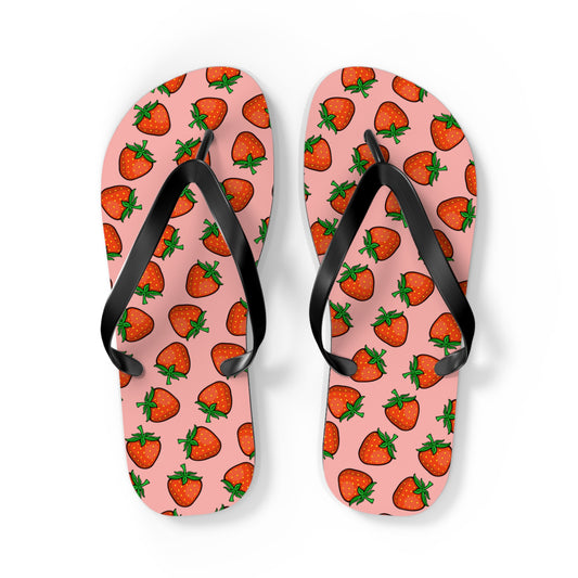 Strawberry Pattern Flip Flops | Pink Strawberries Fruit Summer Beach Sandals, Women's Beach Pool Footwear
