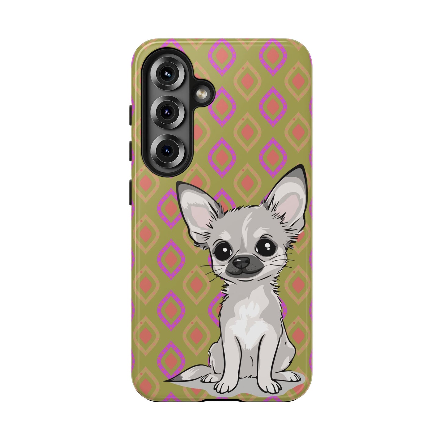 White Chihuahua Puppy Dog Phone Case, Tough Phone Cases Pet Dogs Retro Green  Pattern