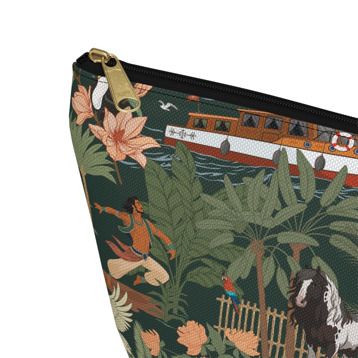 Tropical Nomad Floral Birds Makeup Bag Accessory Pouch, Green Island Palms Travel Cosmetics Zipper Case