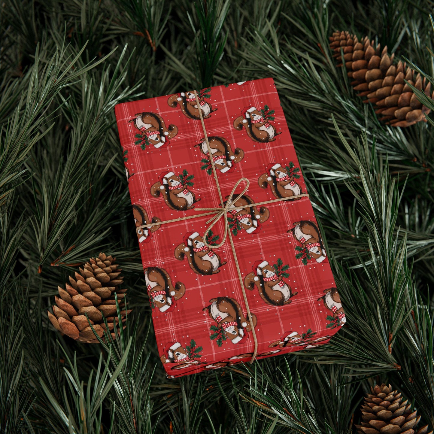 Christmas Squirrel Wrapping Paper, Red Plaid Glossy Holiday Gift Wrap Roll, Xmas Squirrels Festive Winter Gifts Supplies