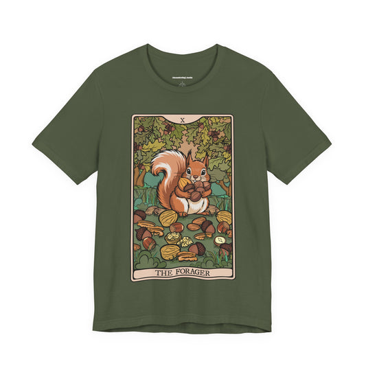 The Forager Squirrel Tarot Card Illustration Tee | Autumn Foraging Woodland Squirrels and Nuts Cotton T-shirt, Fall Nature Tees