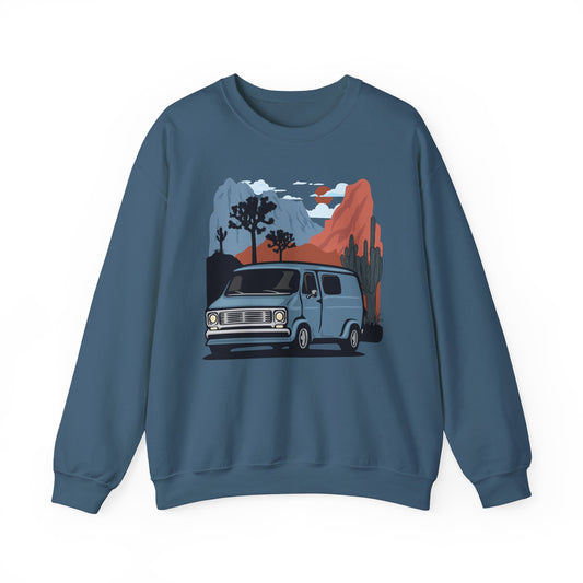 Arizona Desert Vanlife Camper Van Sweatshirt - Long Sleeve Crew Neck Sweater Retro Van in Joshua Tree & Cactus Landscape