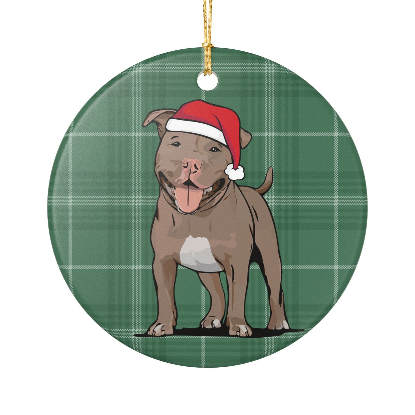 Santa Pit Bull Dog Christmas Tree Ornament, Xmas Pitbull Dogs Holiday Decorations, Pet Lover Gift, Green Plaid Ceramic Ornaments