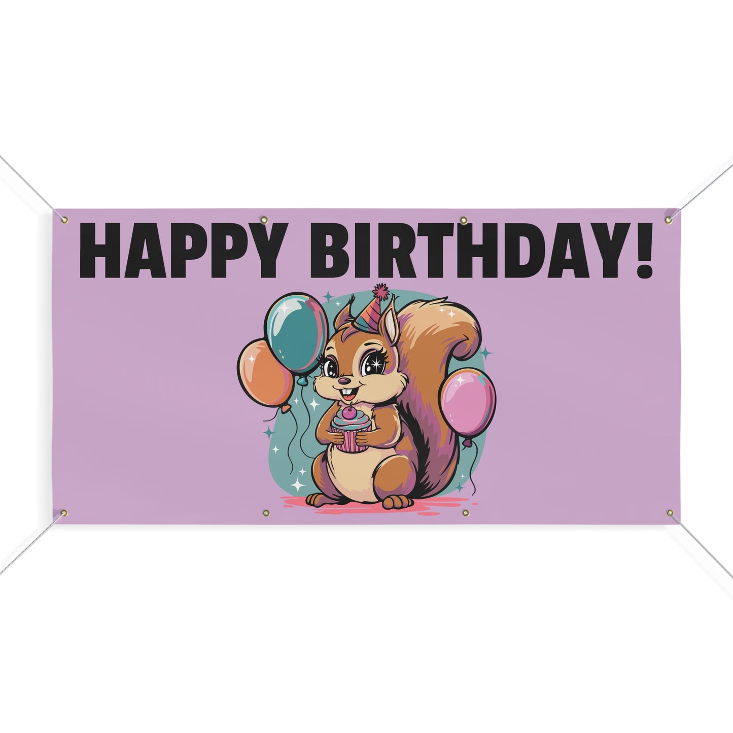 Happy Birthday Party Squirrel Banner Sign Purple Squirrels Balloons Cupcake Celebration Squirrels B-day Banners Decorations