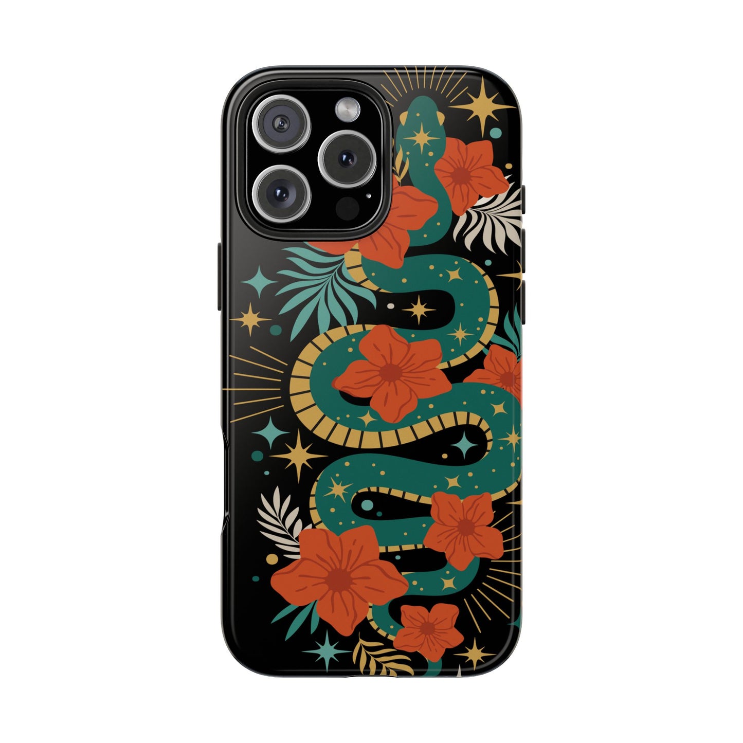 Mystic Snake Cell Phone Case, Black Tough Phone Cases Boho Serpent Snakes Floral Design