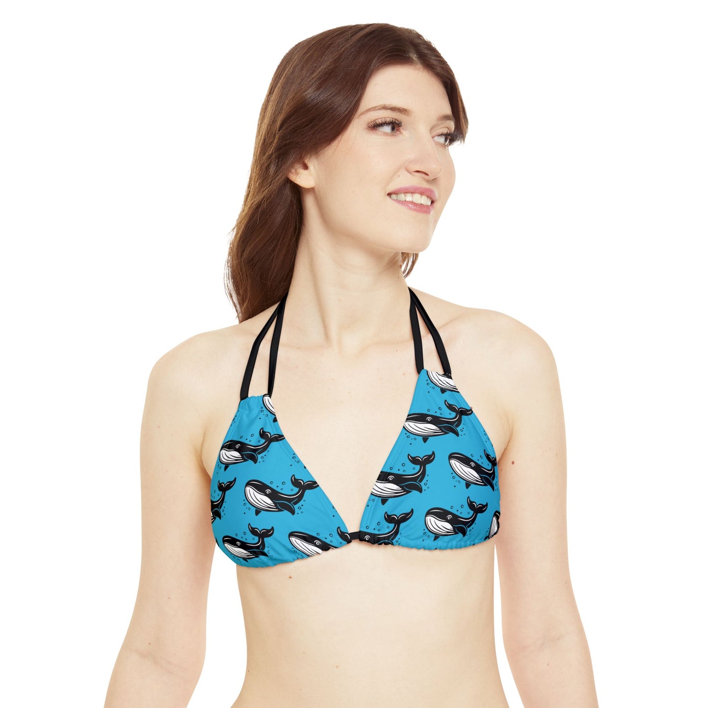 Turquoise Whale Print 2 Piece Strappy Bikini Set Womens Swimwear with Sea Animal Marine Life Whale Design Print