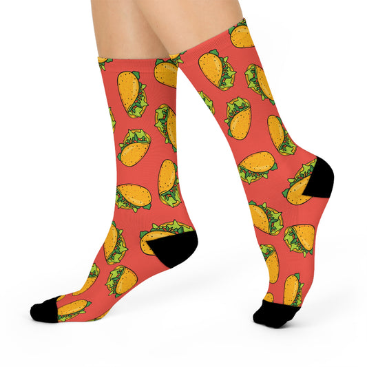 Taco Cushioned Crew Socks, Fun Novelty Tacos Pattern Design, Funny Mexican Food Socks