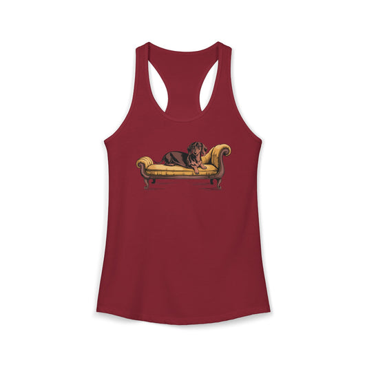 Dachshund Dog on Vintage Chaise Lounge Racerback Tank Top, Women's Wiener Dogs Sleeveless Shirt