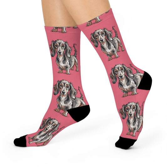 Long Haired Dachshund Pattern Cushioned Crew Socks | Wiener Dog Illustration, Pink Novelty Puppy Socks