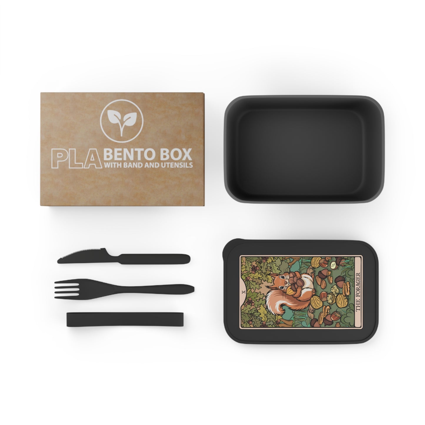Forager Squirrel and Acorns Tarot Card Illustration Bento Box | PLA Lunch Box with Band, Foraging Squirrels Woodland Artwork