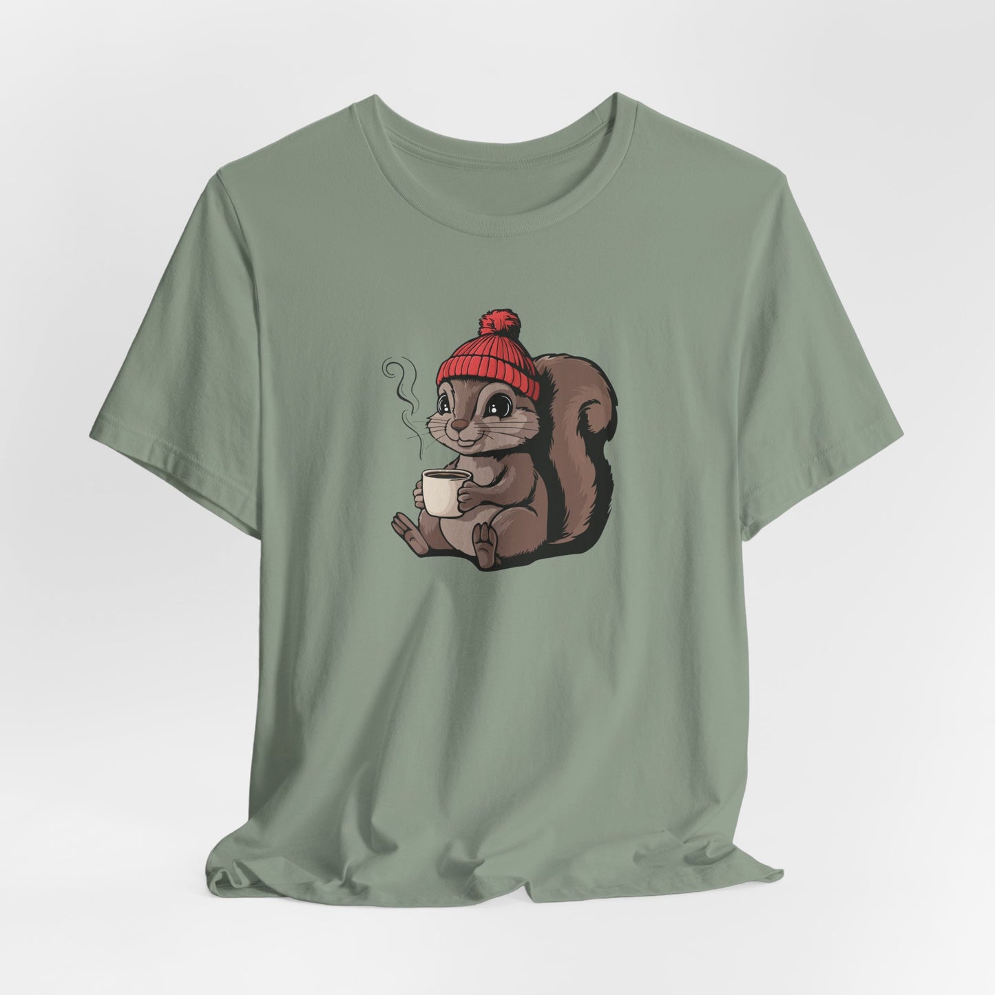 Cozy Squirrel with Coffee T-Shirt | Cute Fall Squirrels Woodland Animal Tee, Short Sleeve Graphic Print Shirts