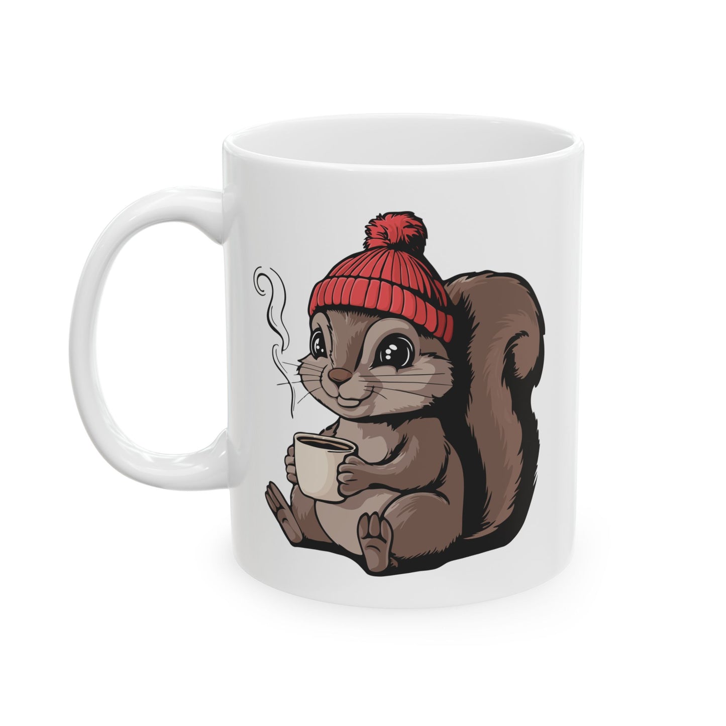 Cozy Squirrel Ceramic Coffee Mug 11oz with Squirrel in Beanie with Cup Of Coffee Graphic Print