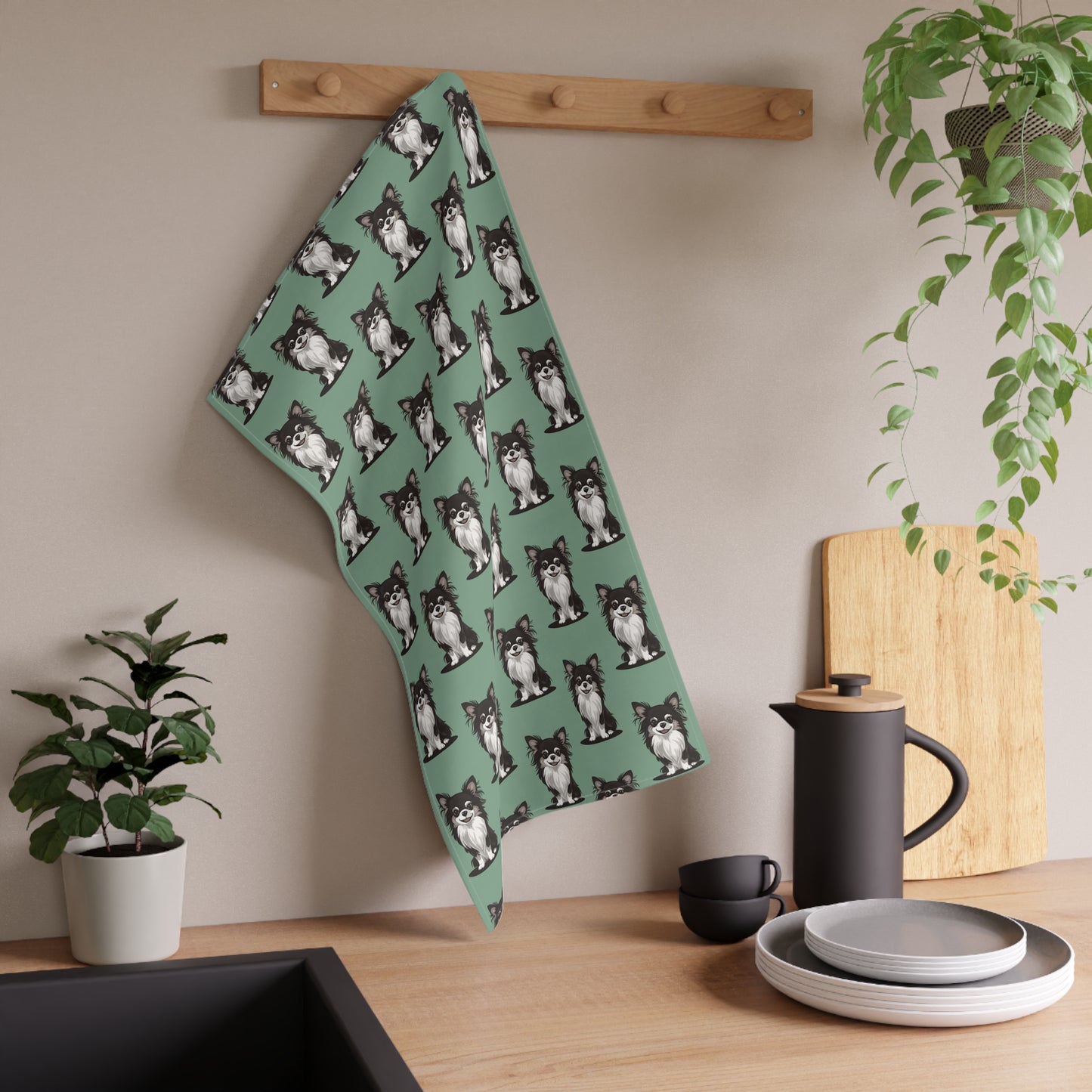 Green Long Haired Chihuahua Puppy Dog Tea Towel, Kitchen Hand Towels Decor Gifts, Sage Green Home Accessories