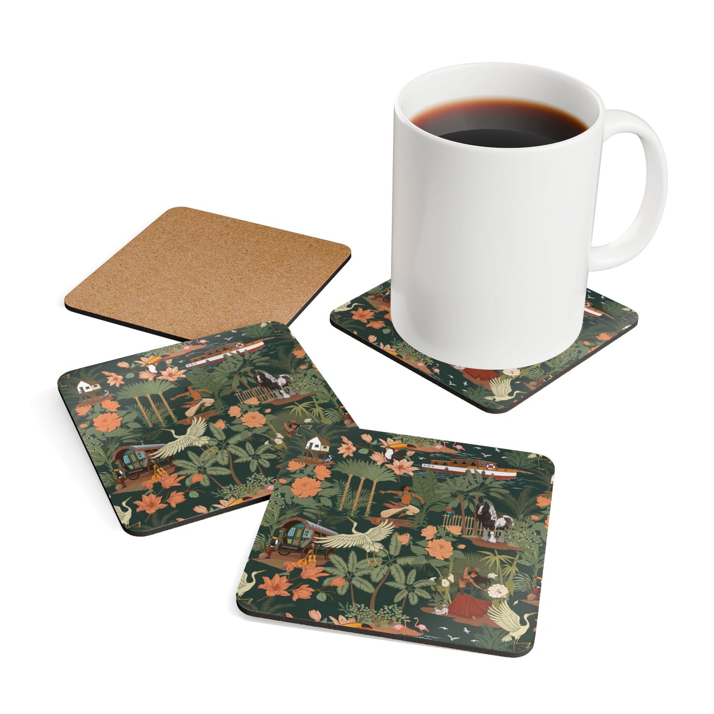 Tropical Nomad Jungle Pattern Cork Coaster Set | 4 Piece Palm Leaves, Birds, Floral Coasters, Island Drinkware
