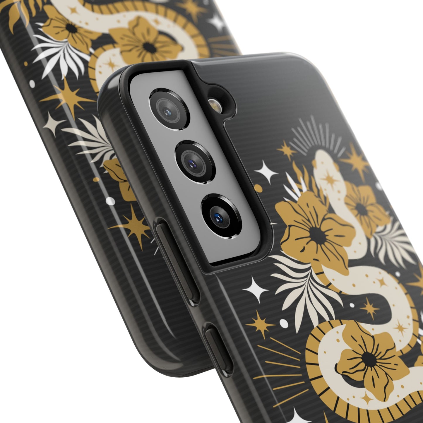 Mystic Snake Cell Phone Case, Black Tough Cases, Protective Floral Golden Serpent Boho Design