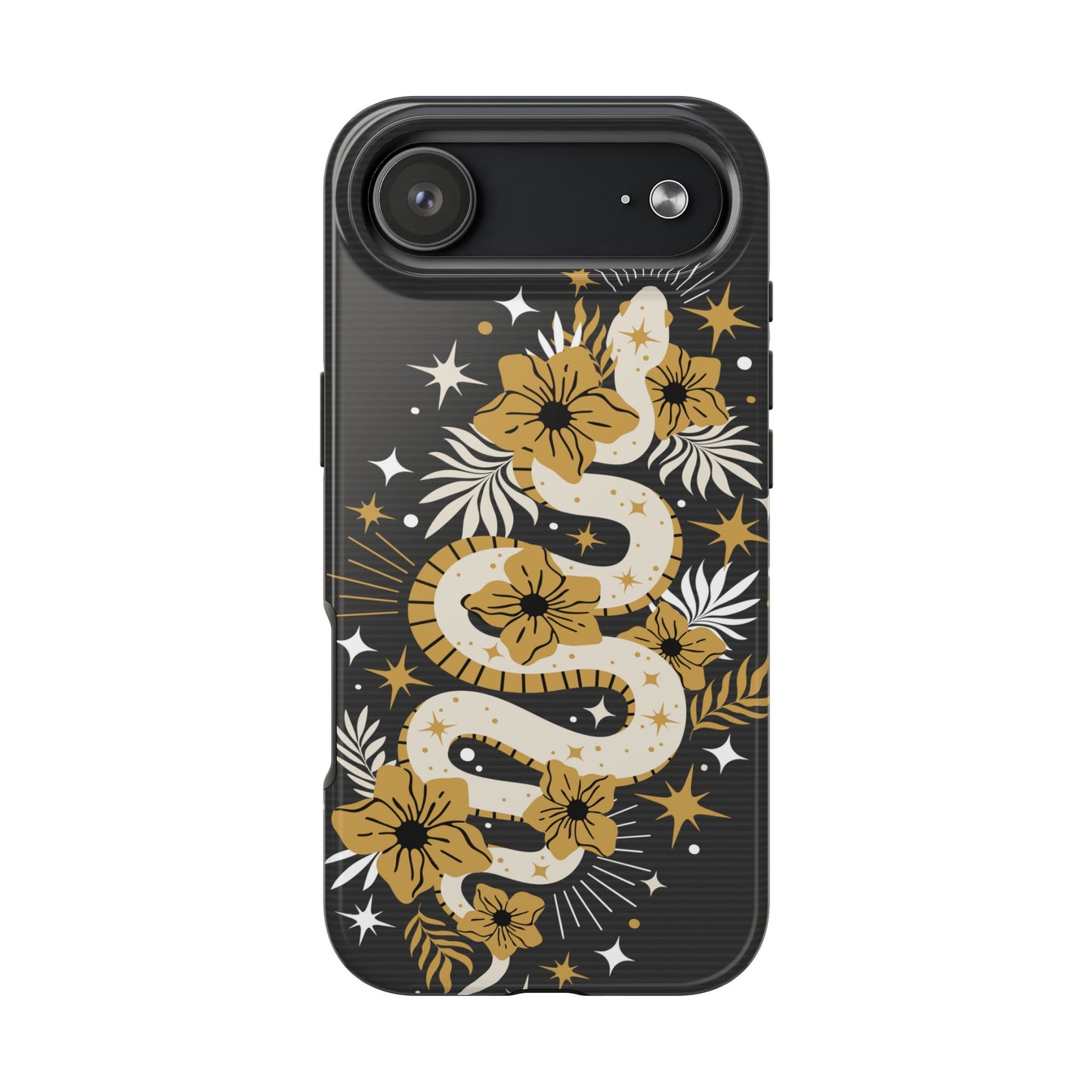 Mystic Snake Cell Phone Case, Black Tough Cases, Protective Floral Golden Serpent Boho Design