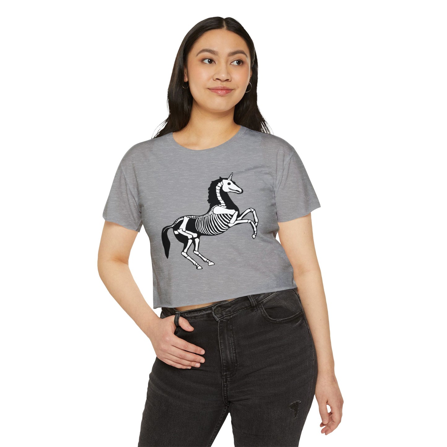 Unicorn Skeleton Crop Top, Halloween Cropped T-Shirt, Women's Fall Festival Clothing, Spooky Goth Tee, Gothic Unicorns Shirts
