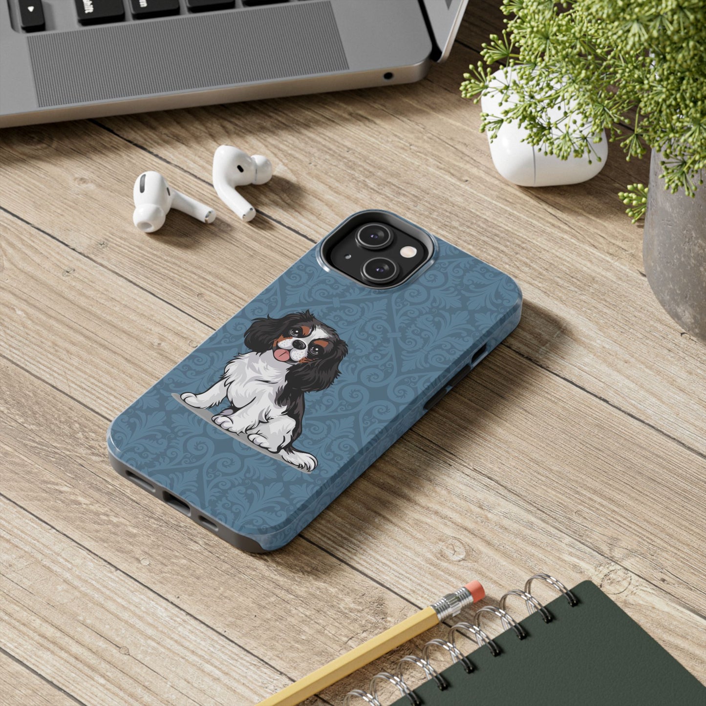 Tricolor Cavalier King Charles Spaniel Dog Phone Case, Tough Phone Cases Pet Dogs Blue Pattern