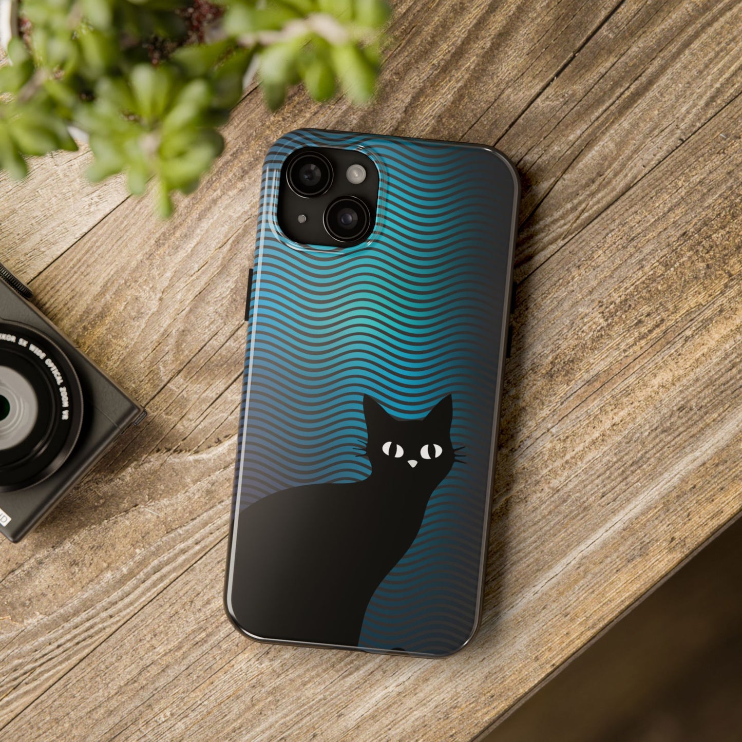 Black Cat Cell Phone Case | Peeking Kitty Graphic on Wavy Teal Background