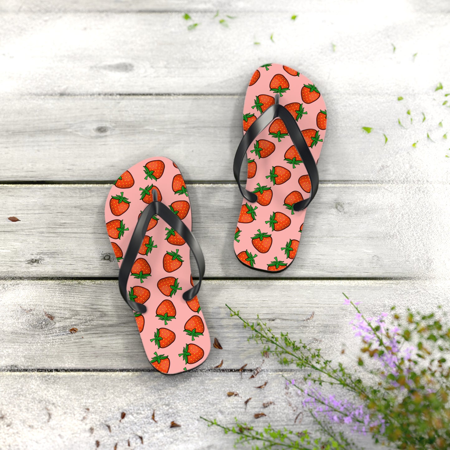 Strawberry Pattern Flip Flops | Pink Strawberries Fruit Summer Beach Sandals, Women's Beach Pool Footwear