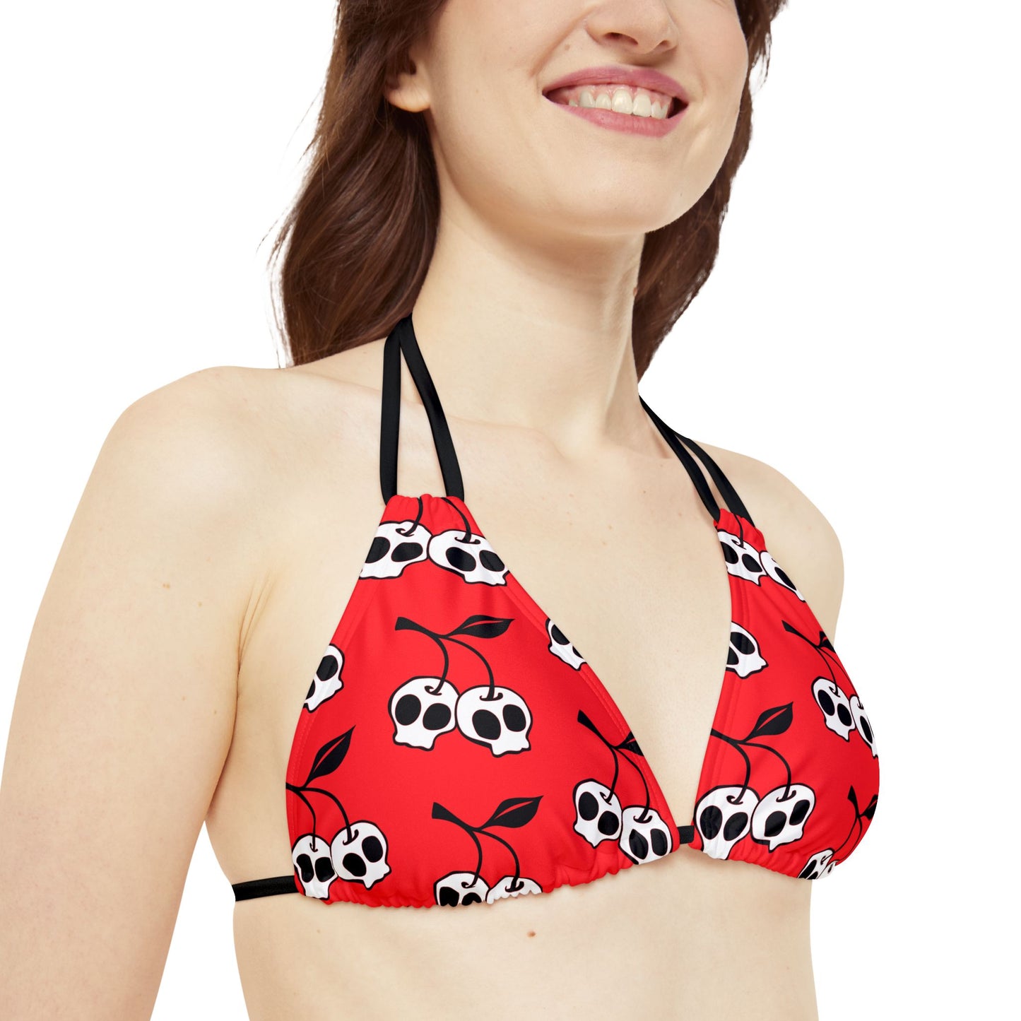 Cherry Skulls Red Strappy Bikini Set - 2 Piece Swimsuit Top & Bottom with Cherries Skull Print Women's Swimwear