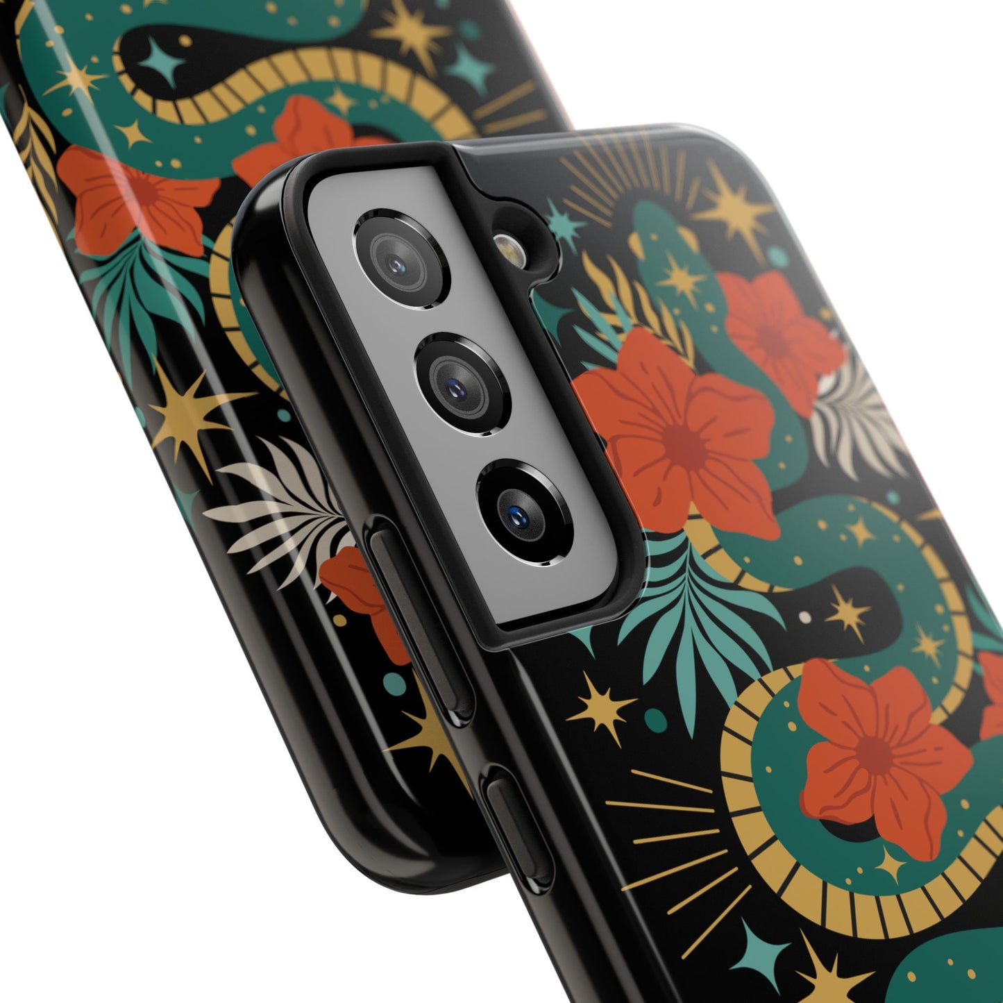 Mystic Snake Cell Phone Case, Black Tough Phone Cases Boho Serpent Snakes Floral Design