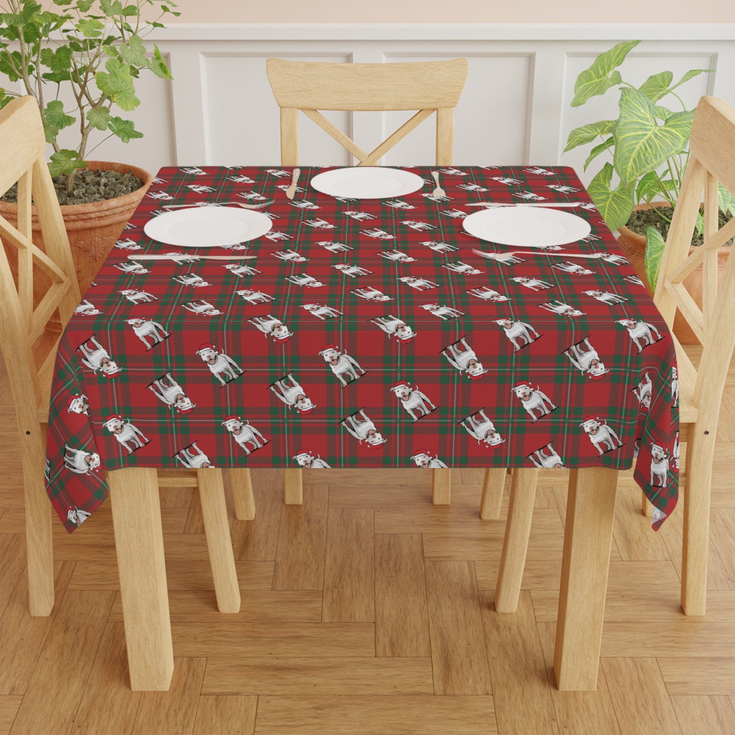 Christmas Pit Bull Terrier Dog Tablecloth, Holiday Santa White Pitbull Dogs Table Cloth, Festive Home Decor, Winter Xmas Party Dining